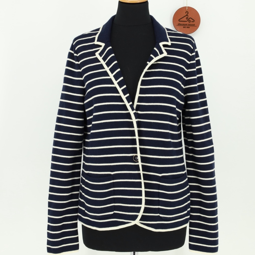 Talbots Navy and White Striped Knit Blazer Cardigan